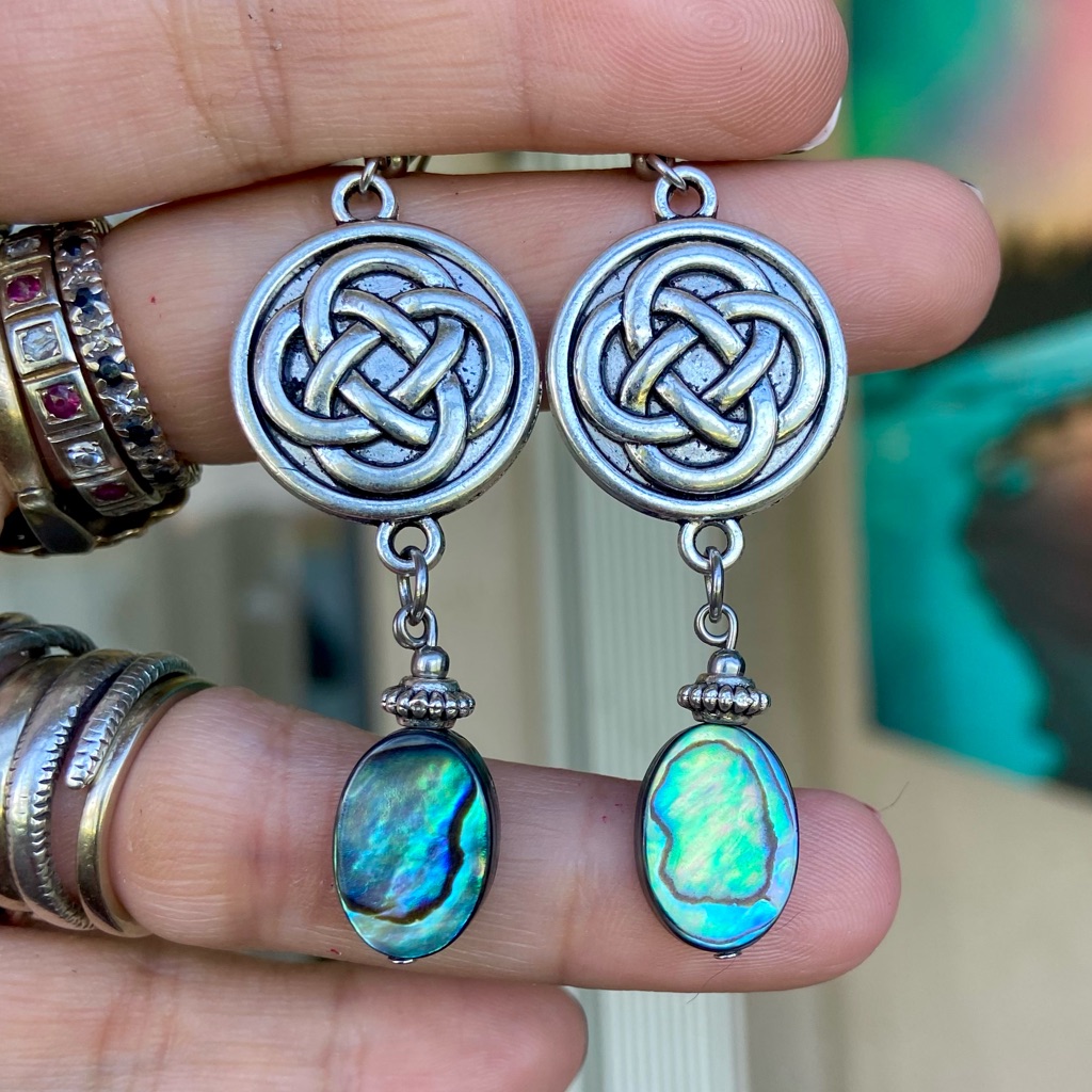 Celtic Knot Dangly Earrings Genuine Iridescent Blue Green Abalone Shell Charms 25$